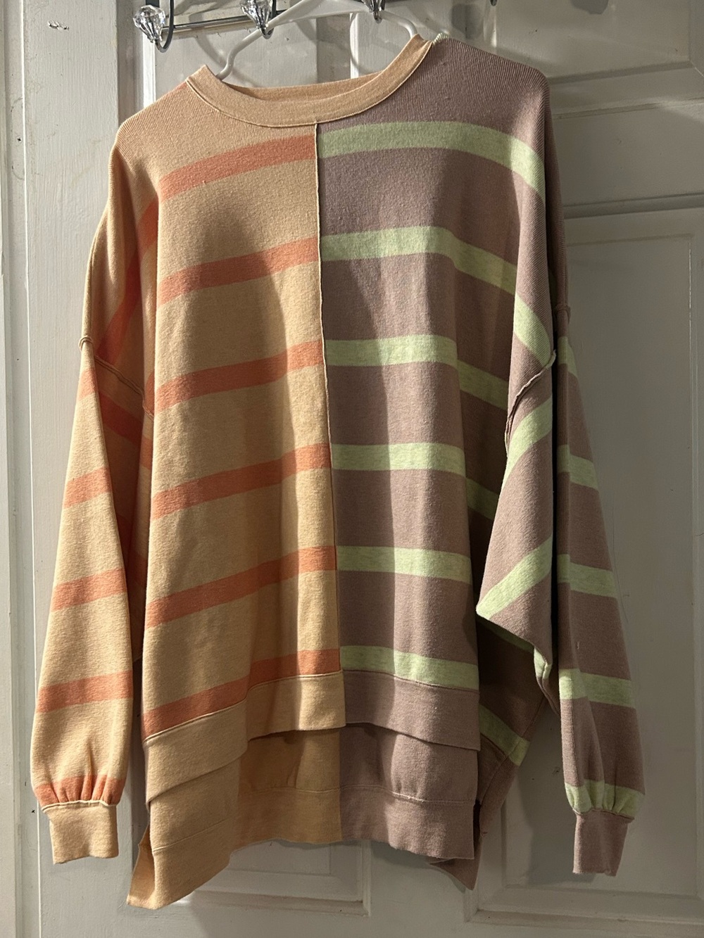 Free People Two-Tone Striped Crewneck Sweater in Beige, Mauve, Peach & Mint